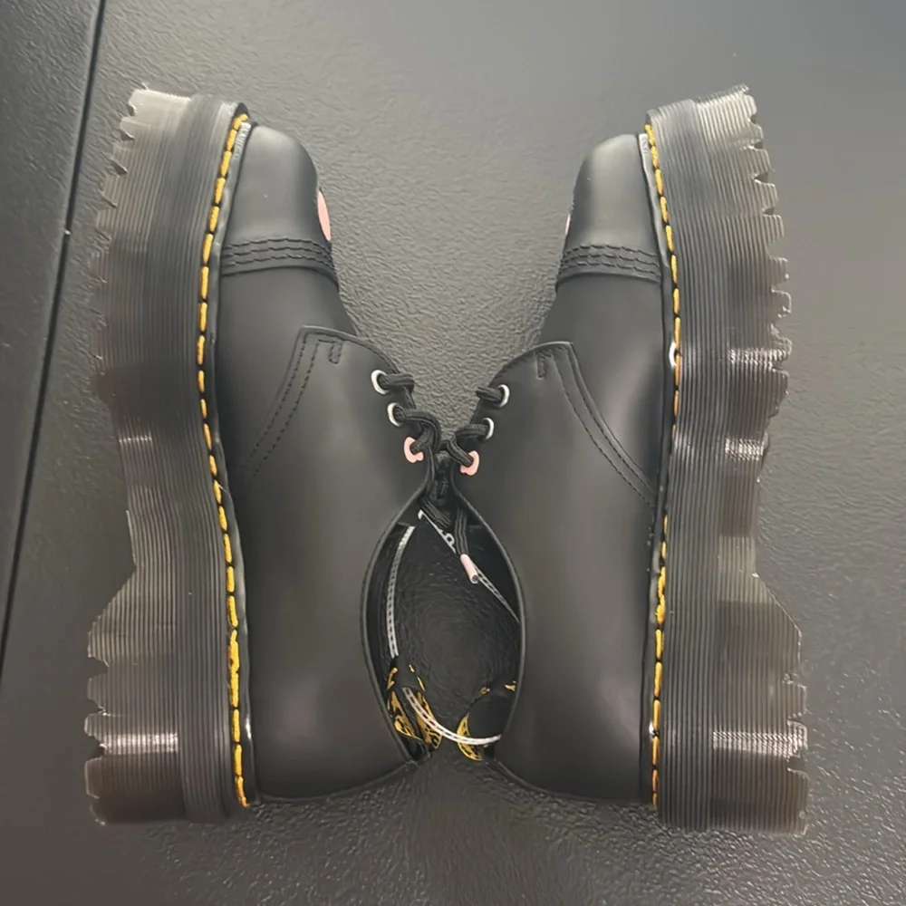 Dr. Martens Black Platform Oxfords with Pink Heart Accents - Picture 12 of 16